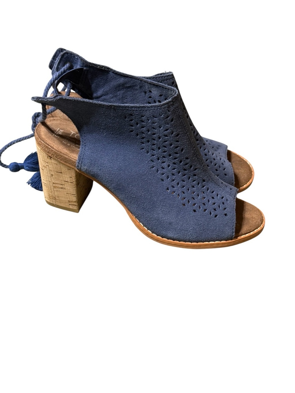 TOMS Elba Suede Blue Lace-Up Back Peep-Toe Heeled Sandals/Ankle Booties US 6.5